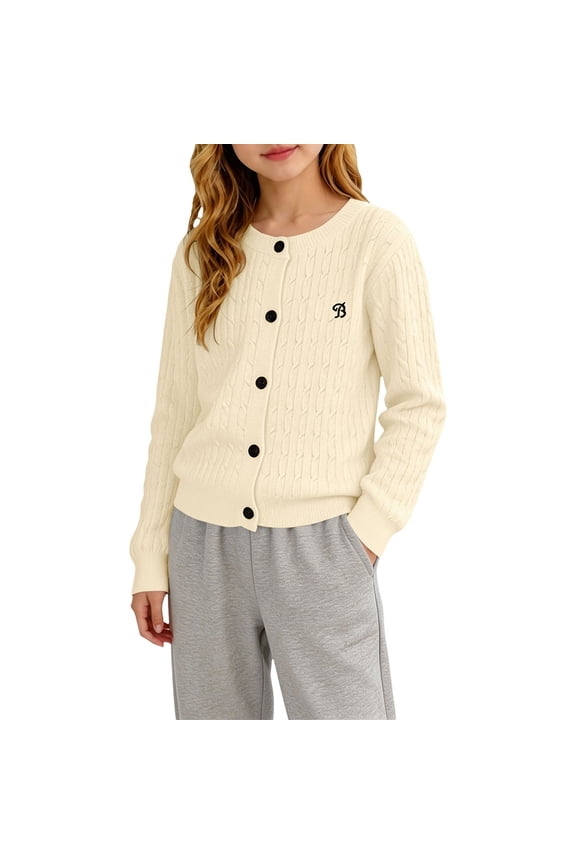 Cable Knit Sweatshirt for Toddler Girls Cute Heart Patch Long Sleeve Button Down Knitwear Prepp𝗒 Loose Casual Outerwear Tops Youth Crewneck Sweater Fall Outfit