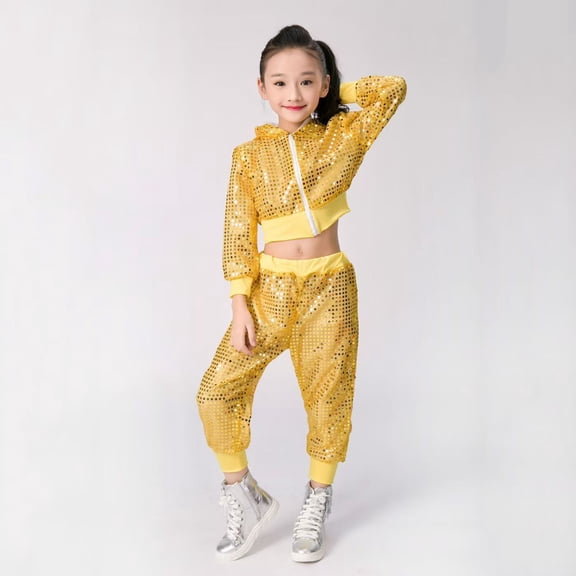 XXWXYD Children’s 2 Piece Dance Costum𝖾 Set with Sequined Top and Bottoms, Street Jazz Cheerleading Performance Outfit Stage Show Group Competition Sparkly Sportswear