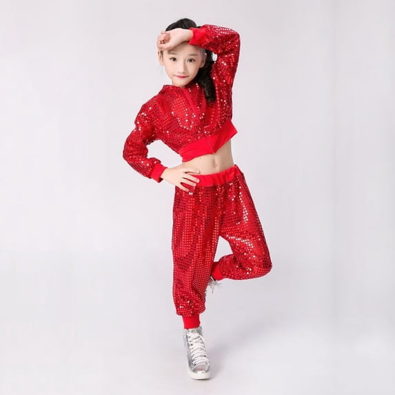 XXWXYD Children’s 2 Piece Dance Costum𝖾 Set with Sequined Top and Bottoms, Street Jazz Cheerleading Performance Outfit Stage Show Group Competition Sparkly Sportswear
