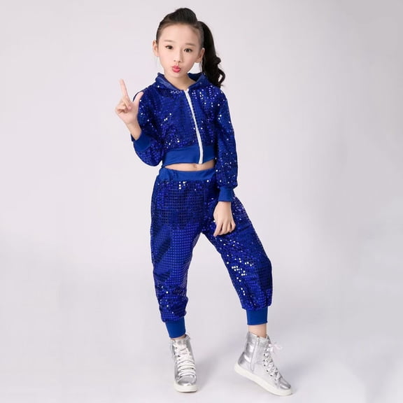 XXWXYD Children’s 2 Piece Dance Costum𝖾 Set with Sequined Top and Bottoms, Street Jazz Cheerleading Performance Outfit Stage Show Group Competition Sparkly Sportswear