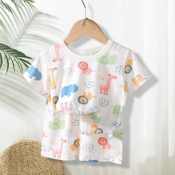 XXWXYD Children’s Air Conditioning Clothes Cotton Pajamas Two Piece Set Casual Home Wear Lightweight Comfortable Outfits for Boys Girls