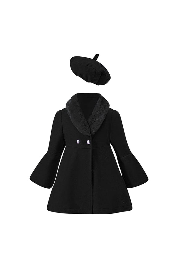 Christmas Toddler Girl Solid Color Patchwork Wool Collar Coat Hat Set Spring Summer and Autumn Girls Wear(5-6 Years,Black)