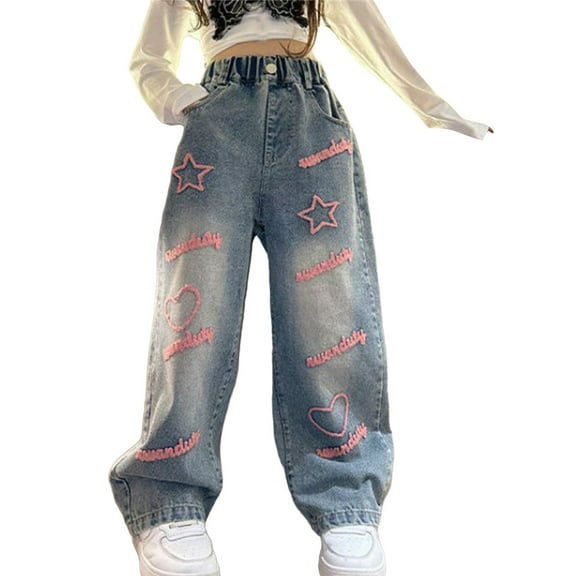 XXWXYD Clearence 2025 Korean Style Girls Wide Leg Jeans Versatile Denim Pants for Big Kids Autumn Streetwear Loose Retro Fashion Trousers