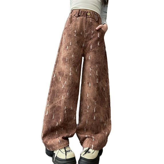 XXWXYD Clearence 2025 Korean Tie-Dye Wide Leg Jeans Girls Fashion Denim Pants Big Kids Autumn Loose Street Style Retro Washed Trousers