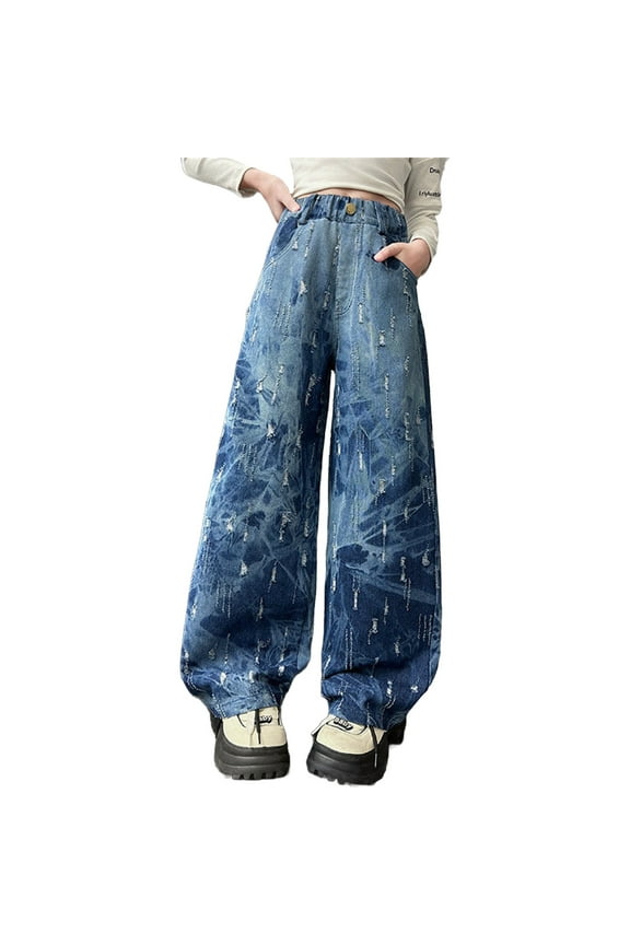 Clearence 2025 Korean Tie-Dye Wide Leg Jeans Girls Fashion Denim Pants Big Kids Autumn Loose Street Style Retro Washed Trousers