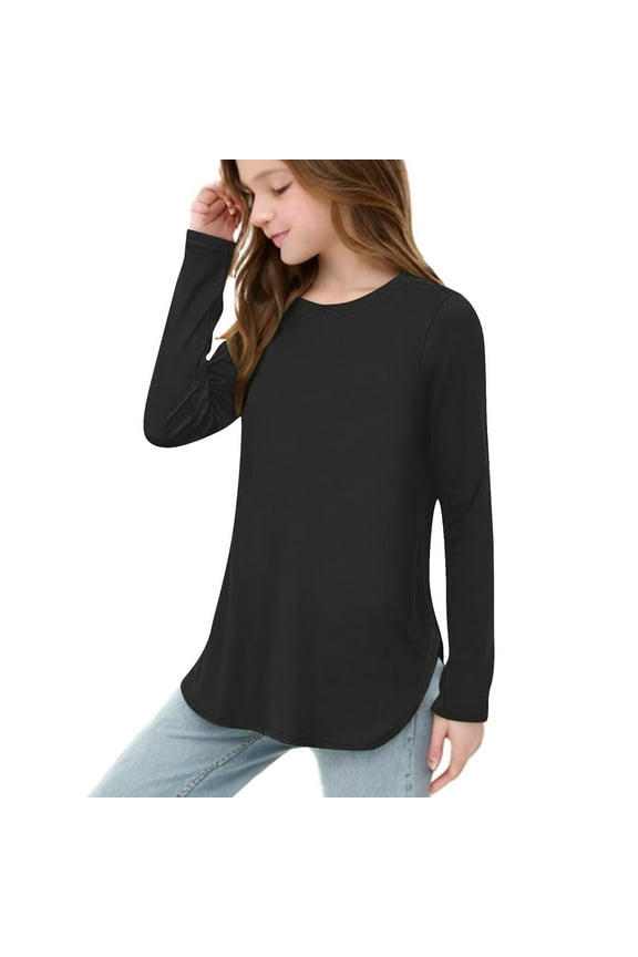 Clearence Asymmetric Hem Long Sleeve Top - Side Slit Tunic Tee with Soft Cotton Blend for Girls Ages 3-12Y (7-8 Years,Black)