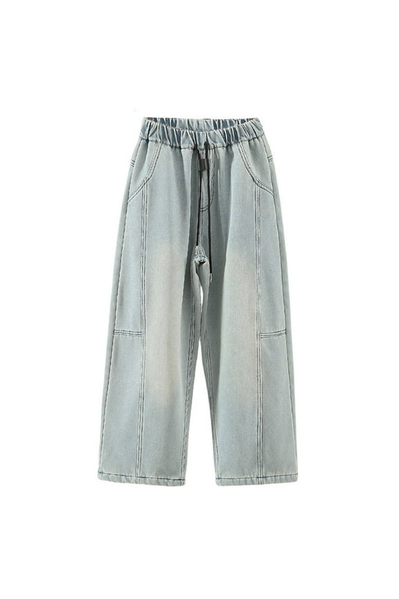 Clearence Children’s Wide-Leg Denim Overalls Summer Light Wash Distressed Jeans with Adjustable Buckles Retro 90s Grunge Aesthetic