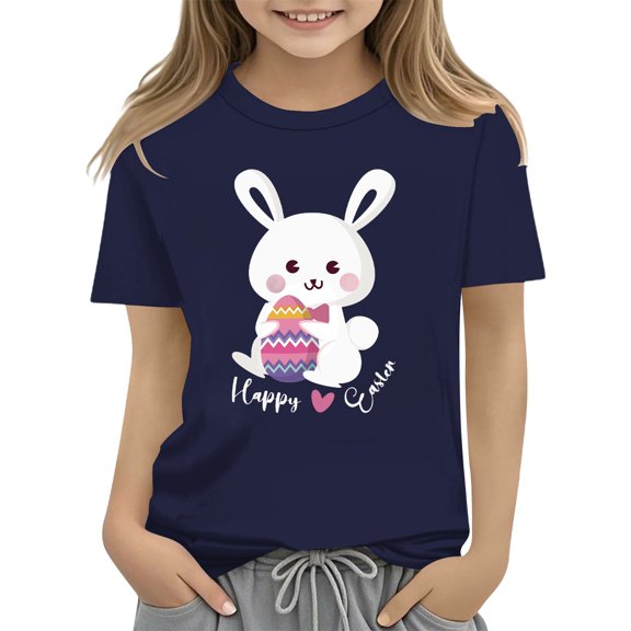 XXWXYD Clearence Cute Easter Tshirt for Girls - Bunny Rabbit with Floral Eggs Design, Premium Cotton Kids Top for Spring Festival, Egg Hunting & Family Gathering (3-4 Years,Navy)