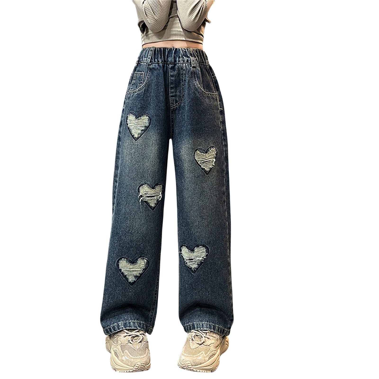 XXWXYD Clearence Destroyed Vintage Wide-Leg Jeans Grunge Style Ripped Details | High-Rise Straight Leg Denim Pants with Raw Hem for Trendy Tween Looks