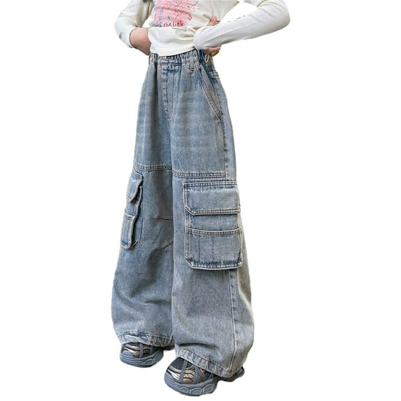 XXWXYD Clearence Double Pocket Workwear Jeans Straight Leg Denim Pants Korean Urban Style Loose Fit Big Girls (8-16Y) 2025 Trend