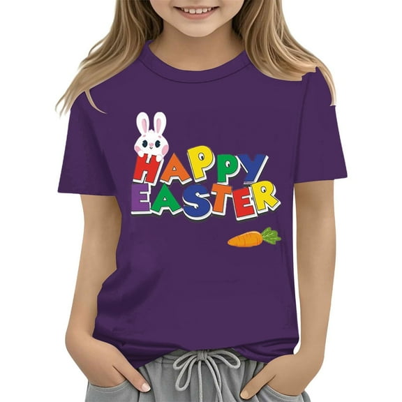 XXWXYD Clearence Easter Celebration Tee for Girls - Whimsical Bunny & Floral Eggs Design, Comfy Stretch Cotton Shirt for Kids Spring Activities & Holiday Events (6-7 Years,Purple)