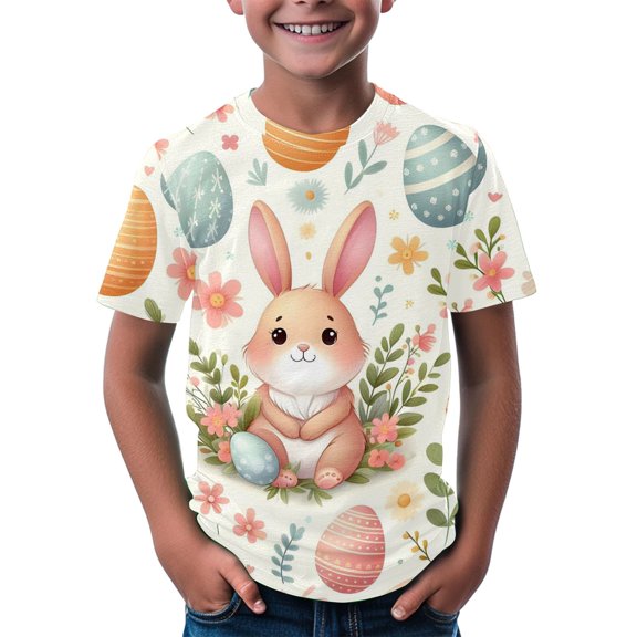 XXWXYD Clearence Easter Egg Hunt Kids T-Shirt | Floral Bunny Design with Colorful Eggs | Ultra Soft Girls Tee | Spring Festival Comfort Wear Ages 3-14 Years (3-4 Years,Beige)