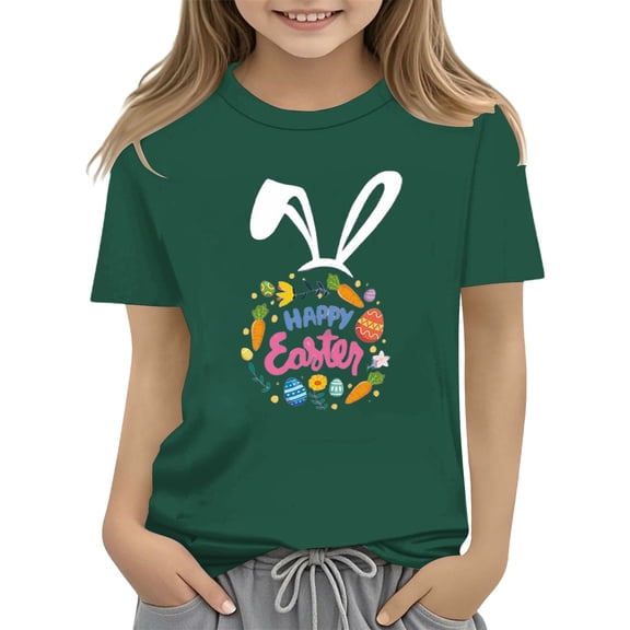 XXWXYD Clearence Easter Egg Hunt Tshirt for Girls - Adorable Bunny & Floral Design Kids Top, Breathable Cotton Spring Shirt for Easter Party, School & Family Photos (8-9 Years,Green)