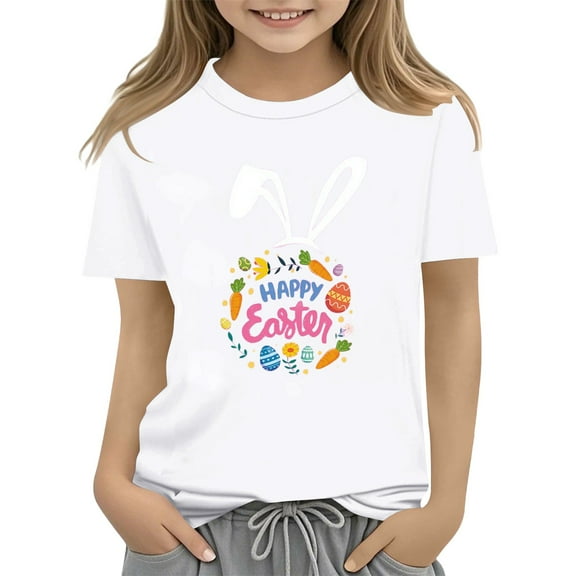 XXWXYD Clearence Easter Egg Hunt Tshirt for Girls - Adorable Bunny & Floral Design Kids Top, Breathable Cotton Spring Shirt for Easter Party, School & Family Photos (6-7 Years,White)
