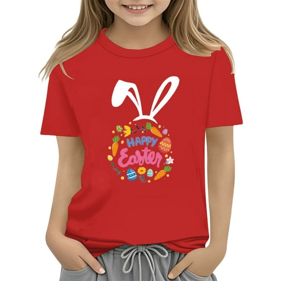 XXWXYD Clearence Easter Egg Hunt Tshirt for Girls - Adorable Bunny & Floral Design Kids Top, Breathable Cotton Spring Shirt for Easter Party, School & Family Photos (2-3 Years,Red)