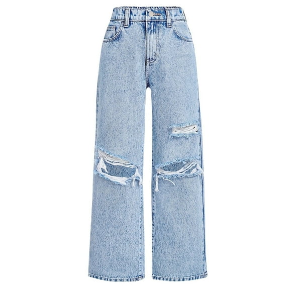 XXWXYD Clearence Edgy Girls Ripped Knee Jeans Destroyed Denim Pants Grunge Style Straight Leg Trousers Concert-Ready Street Fashion