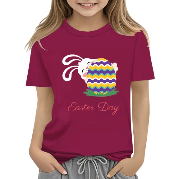 XXWXYD Clearence Floral Easter Bunny Tee for Girls - Vibrant Spring Colors Cotton Shirt, Skin-Friendly Kids Tshirt Perfect for Easter Sunday & Seasonal Photoshoot (2-3 Years,Wine)