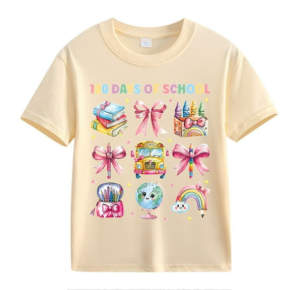 XXWXYD Clearence Girls And Boys 100 Days Celebration Tee T-Shirt - Motivational Number Graphic Cotton Shirt for Kids Classroom Achievements (10-11Years,Beige)