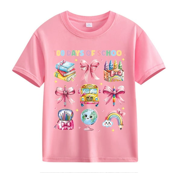 XXWXYD Clearence Girls And Boys 100 Days Celebration Tee T-Shirt - Motivational Number Graphic Cotton Shirt for Kids Classroom Achievements (12-13 Years,Pink)