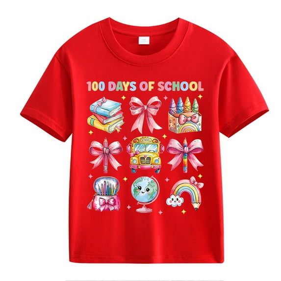 XXWXYD Clearence Girls And Boys 100 Days Celebration Tee T-Shirt - Motivational Number Graphic Cotton Shirt for Kids Classroom Achievements (8-9 Years,Red)