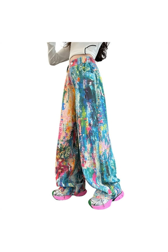 Clearence Girls Customized Wide Leg Jeans Personalized Retro Straight Denim Pants All-Season Loose Casual Trousers for Tweens Soft Stretch Fabric Comfy Street Fashion