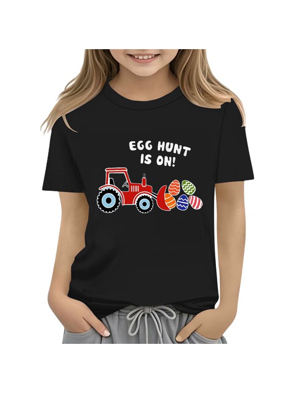 Clearence Girls Easter Bunny Graphic Tee with Floral Eggs Print - Soft Cotton Spring Tshirt for Kids Holiday Outfit, Cute Easter Gift for Toddler Girls (Age 3-12) (10-11Years,Black)