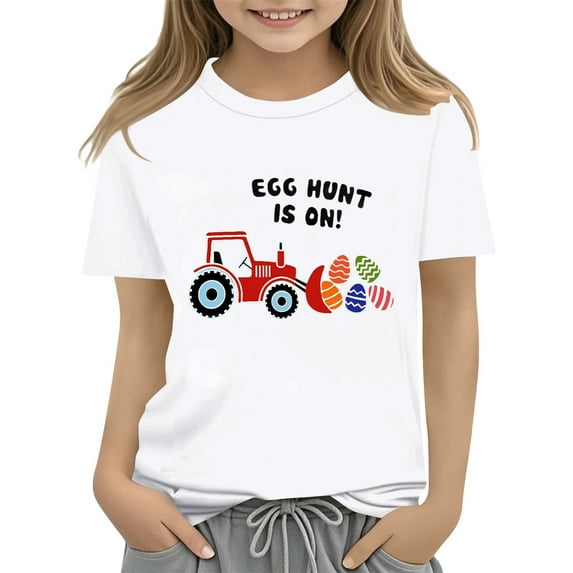 XXWXYD Clearence Girls Easter Bunny Graphic Tee with Floral Eggs Print - Soft Cotton Spring Tshirt for Kids Holiday Outfit, Cute Easter Gift for Toddler Girls (Age 3-12) (3-4 Years,White)