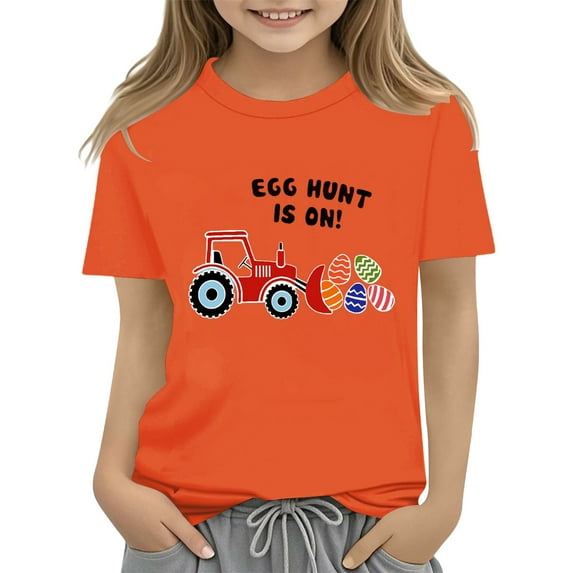 XXWXYD Clearence Girls Easter Bunny Graphic Tee with Floral Eggs Print - Soft Cotton Spring Tshirt for Kids Holiday Outfit, Cute Easter Gift for Toddler Girls (Age 3-12) (10-11Years,Orange)