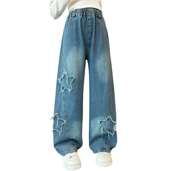 XXWXYD Clearence Girls Grunge Wide Leg Jeans 90s Inspired Denim Pants All-Year Casual Bottoms for Big Kids High-Rise Loose Jeans with Acid Wash Effect