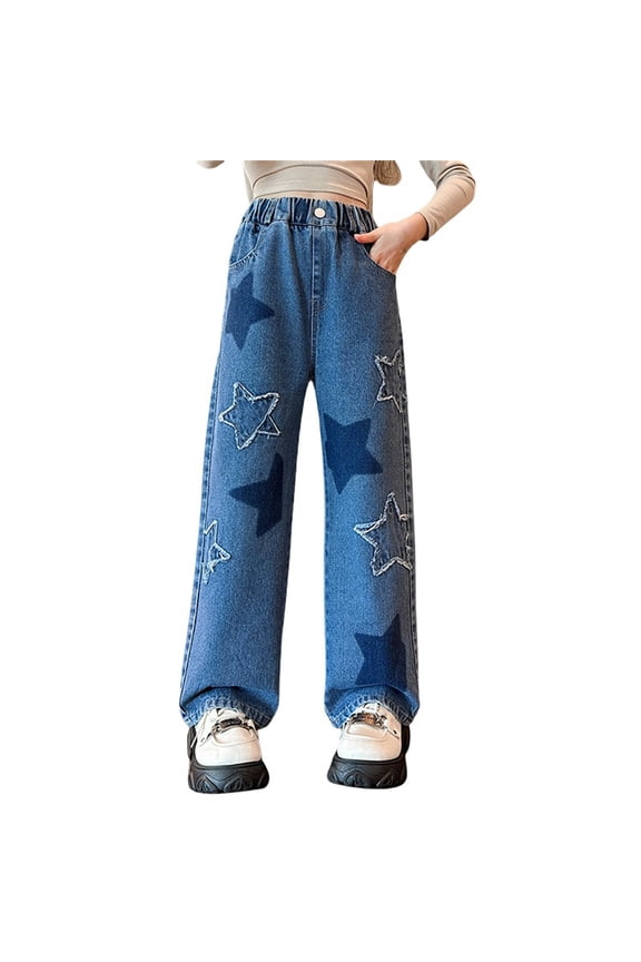 Clearence Girls Patchwork Denim Jeans Distressed Wide Leg Pants with 3D Star Appliques Loose Fit Spring Fall Casual Streetwear Trousers