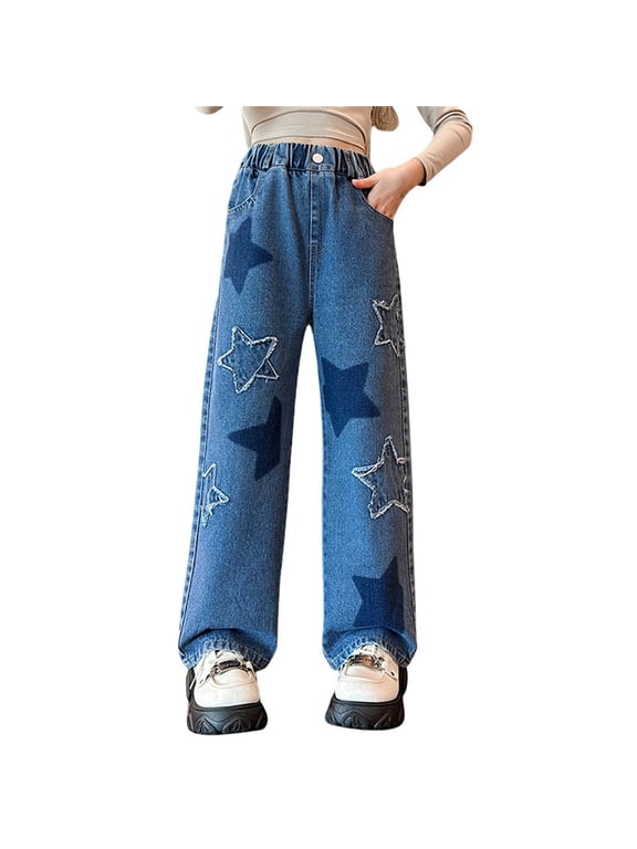 Clearence Girls Patchwork Denim Jeans Distressed Wide Leg Pants with 3D Star Appliques Loose Fit Spring Fall Casual Streetwear Trousers