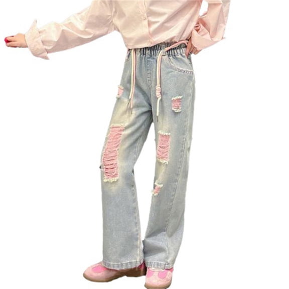 XXWXYD Clearence Girls Ripped Knee Wide-Leg Jeans Tween Stretch Denim Pants All-Season Comfort Fit Loose Straight Leg Casual Street Style