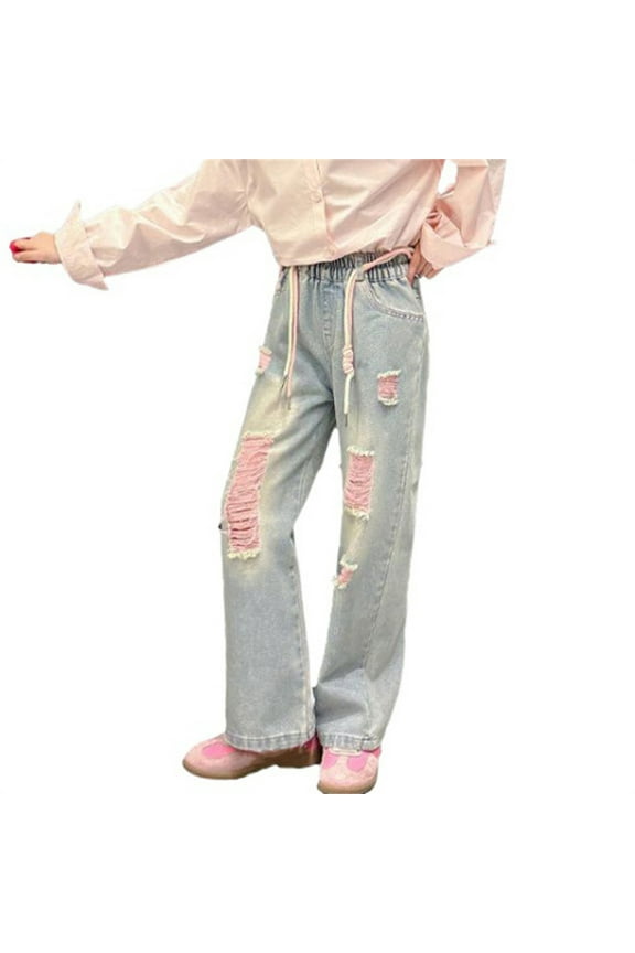 Clearence Girls Ripped Knee Wide-Leg Jeans Tween Stretch Denim Pants All-Season Comfort Fit Loose Straight Leg Casual Street Style
