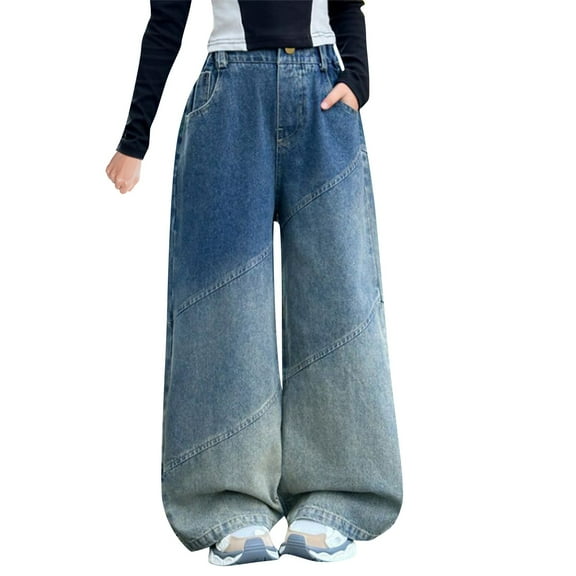 XXWXYD Clearence Girls Wide Leg Stretch Jeans Comfort Retro High Waist Denim Pants for Big Kids All-Day Play Casual Outfit Trousers