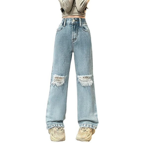 XXWXYD Clearence Kids Girls Ripped Jeans Style Destroyed Washed Denim Pants Baggy Loose Fit Street Fashion Casual Trousers for Tweens