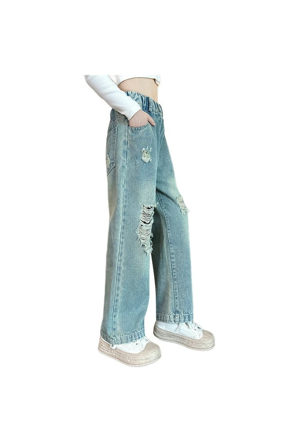 Clearence Ripped Wide Leg Jeans Korean Street Fashion Loose Fit Destroyed Denim Autumn 2025 for Tween Girls (9-14Y) Grunge Style