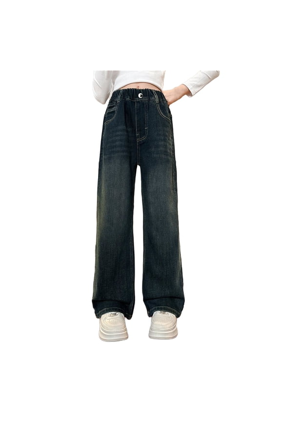 Clearence Stretch Waist Wide Leg Jeans Elastic Denim Pants for Girls 4-14 Years Loose Fit Playground School Casual Trousers