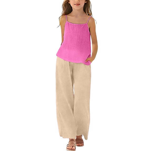 XXWXYD Cotton Linen Sets for Girls 2 Piece Outfits Spaghetti Strap Tank Tops Matching Wide Leg Pants Kids Summer Casual Linen Set