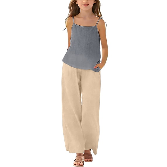 XXWXYD Cotton Linen Sets for Girls 2 Piece Outfits Spaghetti Strap Tank Tops Matching Wide Leg Pants Kids Summer Casual Linen Set