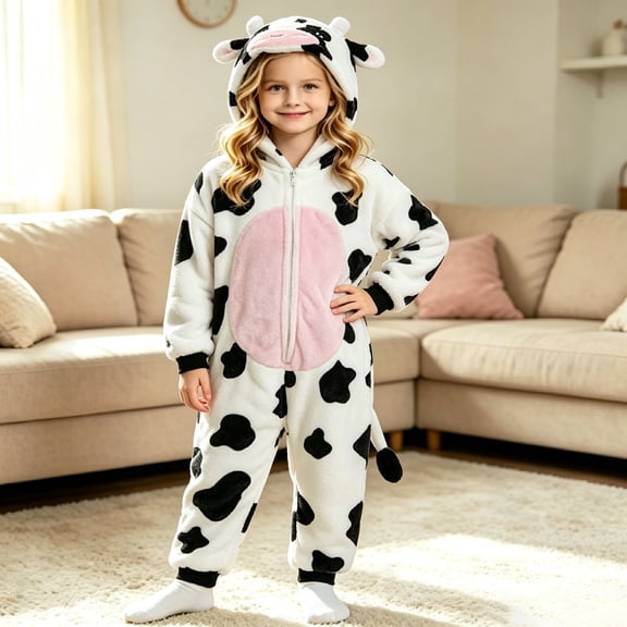 XXWXYD Cow Hooded Jumpsuit for Kids Boys Girls, Flannel Animal Full-Body Dress-Up Outfit with 3D Ears Horns Tail Front Zipper Halloween Party Soft Warm Fleece Jumpsuit