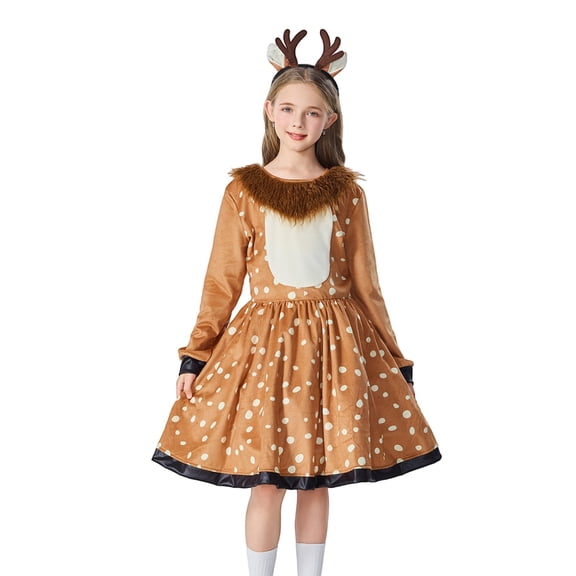 XXWXYD Fawn Deer Dress with Antler Headband Brown Spotted Outfit for Toddler Girls Halloween Christmas Party Photo for Boys and Girls