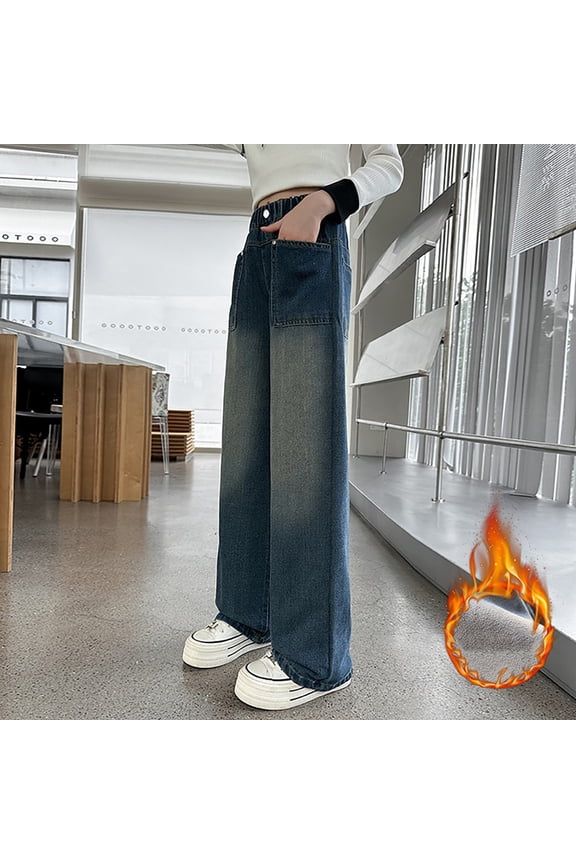 Fleec𝖾 Lined Jeans Girls Wide Leg Baggy Pants High Elastic Waist Denim 𝖸𝟤𝖪 Boy𝖿riend Fit Winter Warm Casual Trousers Loose Fit Jeans