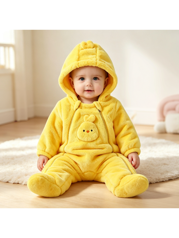 Fleece Footed Jumpsuit for Infant Baby Girls Boys Toddlers Yellow Chick Animal Romper with Double Zipper and Chest Applique Warm Outfit Cozy