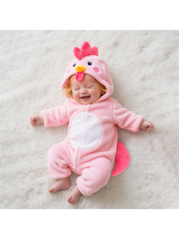 Fleece Hooded Jumpsuit for Infant Baby Girls Boys Toddlers Pink Chick Animal Romper with Comb Beak and Tail Soft Dress Up Outfit Cozy Soft Cozy