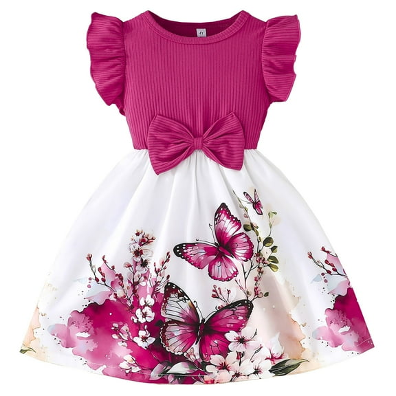 XXWXYD Flutter Sleeve Summer Top Dress, Solid Color Base with Floral Print Skirt, Playdate-Ready Casual Outfit for Girls