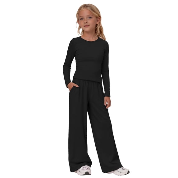 XXWXYD Girls 2 Piece Pants Set Fitted Ruched Long Sleeve Crewneck Solid Tunic Tops Palazzo Pants Tween Slim Fit Casual Clothes Girls Sporty Short Sets Back to School Outfits