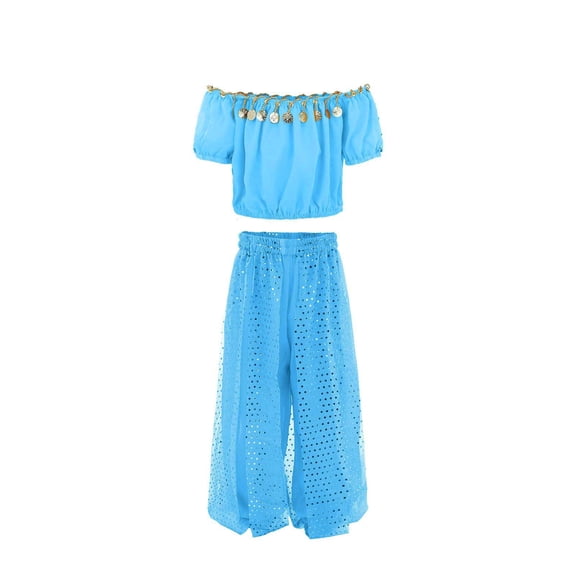 XXWXYD Girls’ 2PC Latin Dance Outfit with Sequin Crop Top, Elastic Waist Harem Pants - Jazz/Bolly𝐰ood Performance 𝐂ostume with Glitter Trim