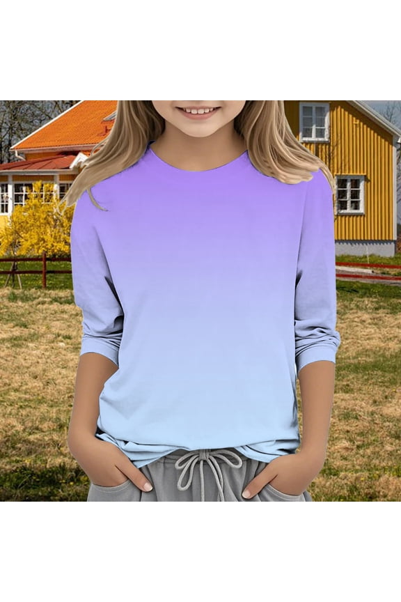 Girls 3/4 Sleeve Crew Neck Gradient Color Tops Loose Casual Blouses Soft Basic Tees Toddler Kids Fashion Clothing Seasonal Outfits
