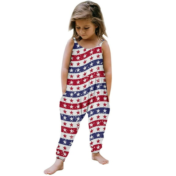 XXWXYD Girls 4th of July Outfit Patriotic Romper Sleeveless Adjustable Strap Jumpsuit with Pocket Holiday Celebration Comfortable Summer Playwear for Baby Kids