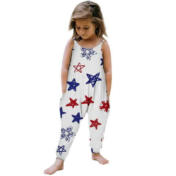 XXWXYD Girls 4th of July Outfit Patriotic Romper Sleeveless Adjustable Strap Jumpsuit with Pocket Holiday Celebration Comfortable Summer Playwear for Baby Kids